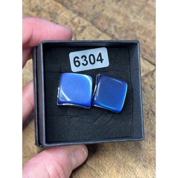 Vintage Blue Moonglow glass Enamel & Silver-Tone Square Cufflinks For Men - Picture 3 of 9